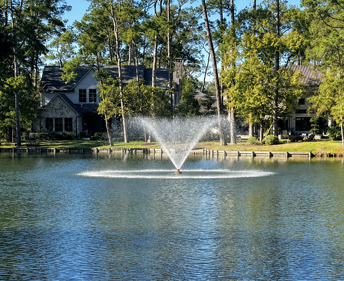 A scenic view across Sandalwood Lake in the Memorial Villages area, featuring a large water fountain spraying in a wide V-shape in the center of the lake. The calm water reflects the blue sky. The far shoreline is lined with tall pine and deciduous trees, manicured lawns, and upscale, multi-story residential homes nestled into the greenery.